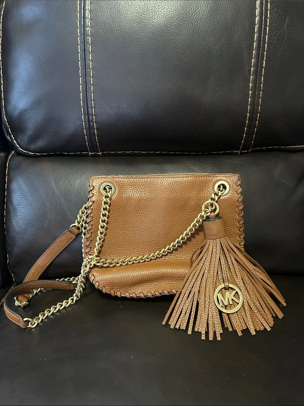 Michael Kors Tan Leather Chain Crossbody Bag with Tassel